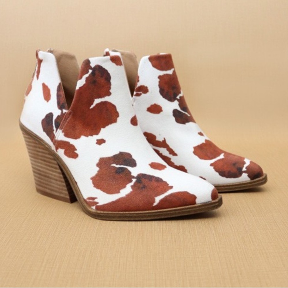 Barn Babe Faux Suede Pointy Toe Side Cutout Booties - Brown and White Cow Print